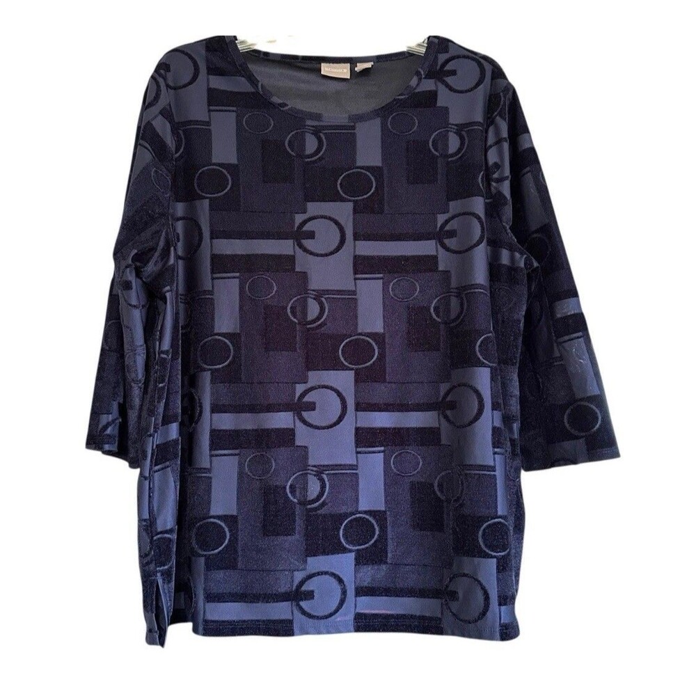 Chicos Navy Blue Burnout Velvet Top Tunic Size 2 Lined Office Siren Artsy